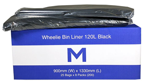 900mm x 1330mm x 30mu 25 Pack Wheelie Bin Liner, Rubbish Bags 120L,Black